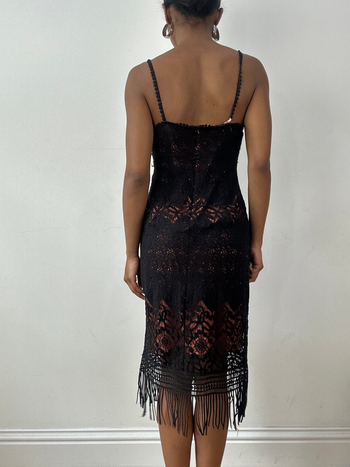 vintage edit twenty-nine | small black crotchet midi dress with fringe hem detail