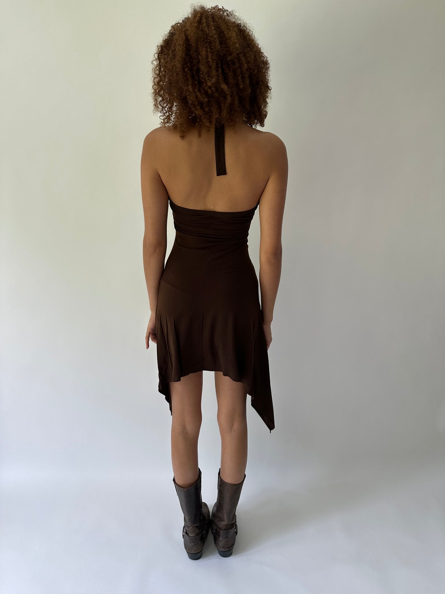 festival drop | small brown halterneck asymmetric midi dress