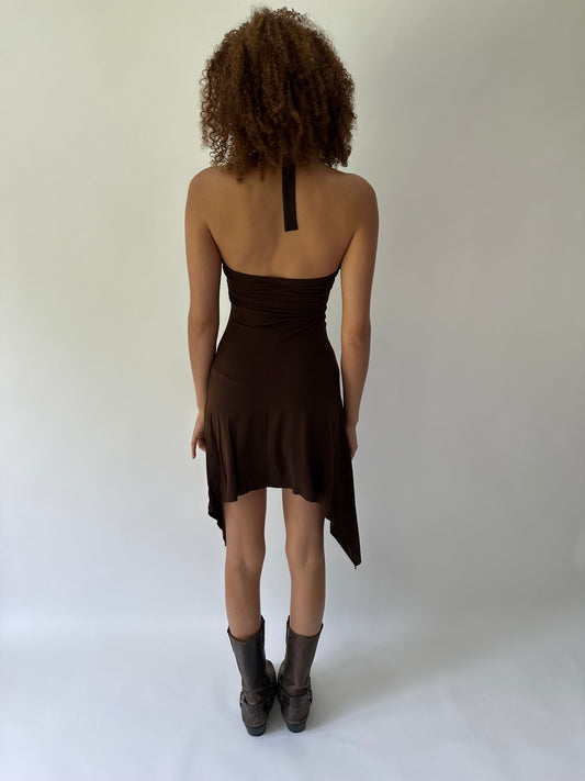 festival drop | small brown halterneck asymmetric midi dress