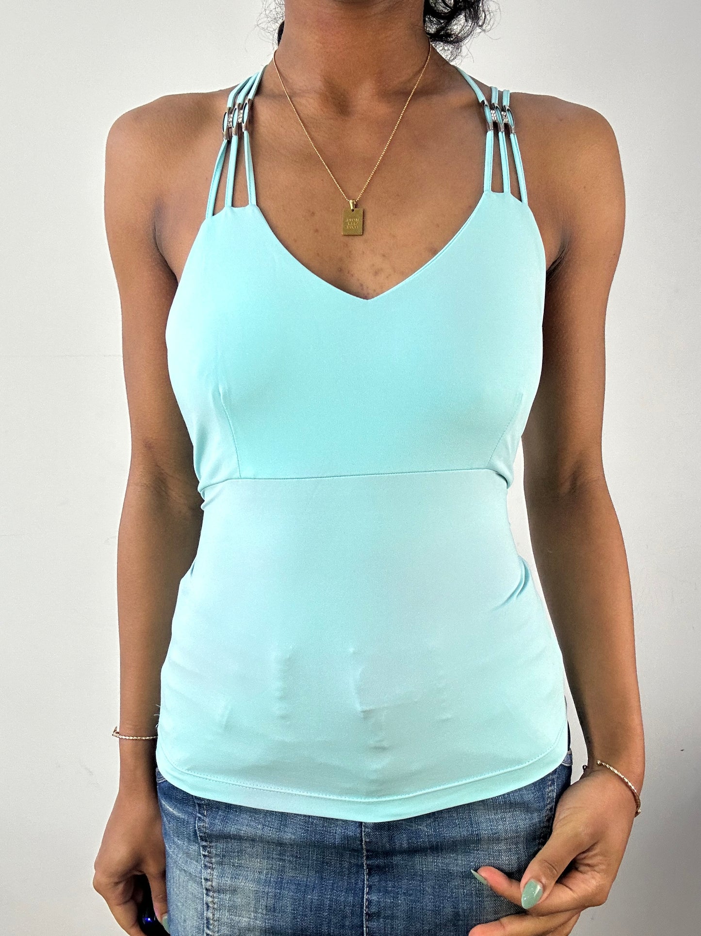 vintage edit: tops | medium blue strappy cami top with silver details