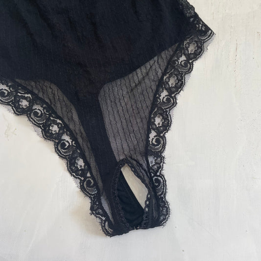 OLIVIA RODRIGO DROP | small black mesh bodysuit with split thong