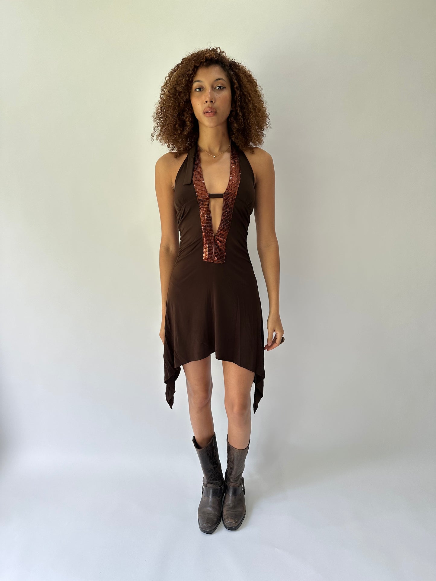 festival drop | small brown halterneck asymmetric midi dress