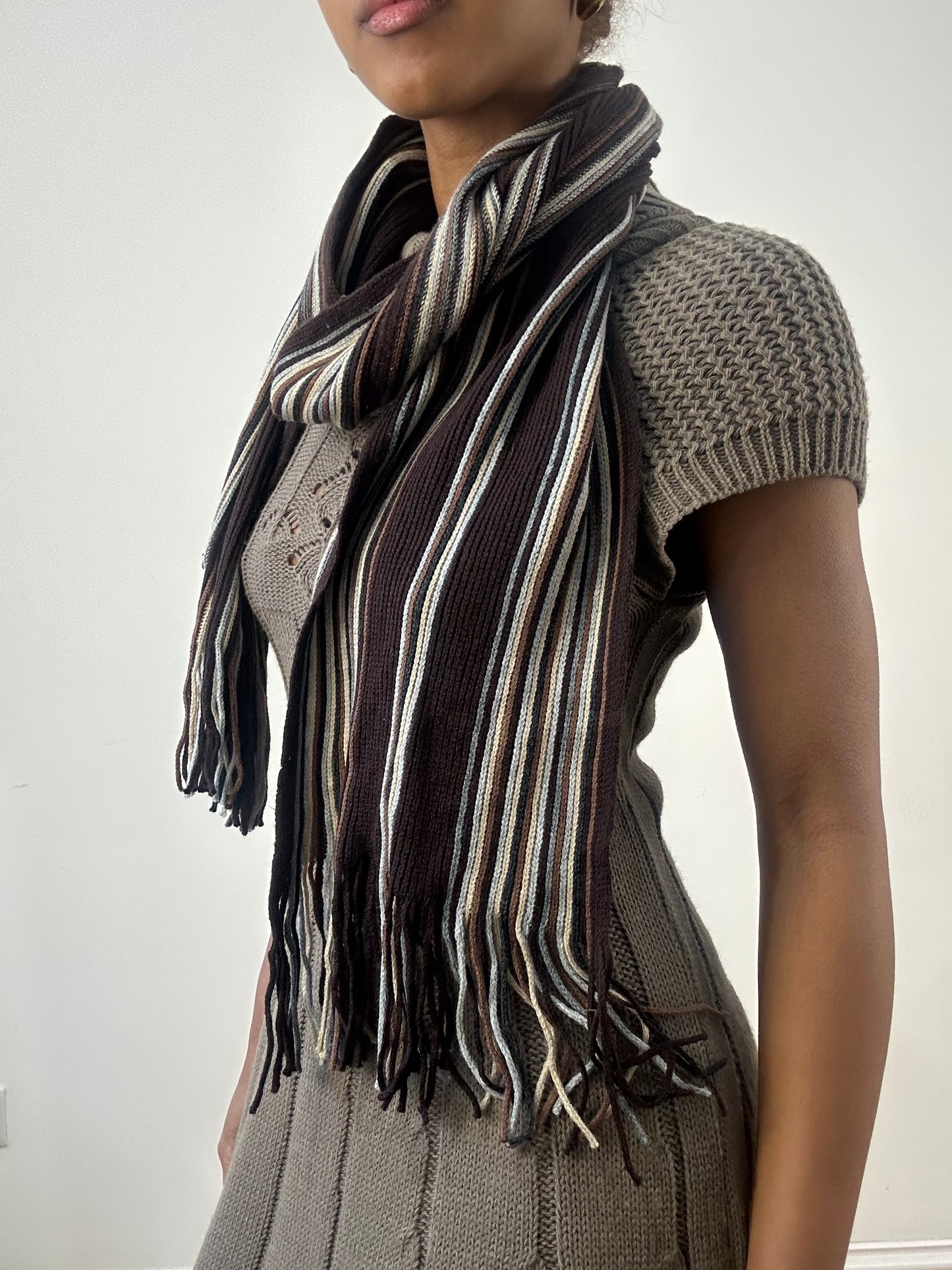 winter edit | brown and cream striped knit tassel scarf