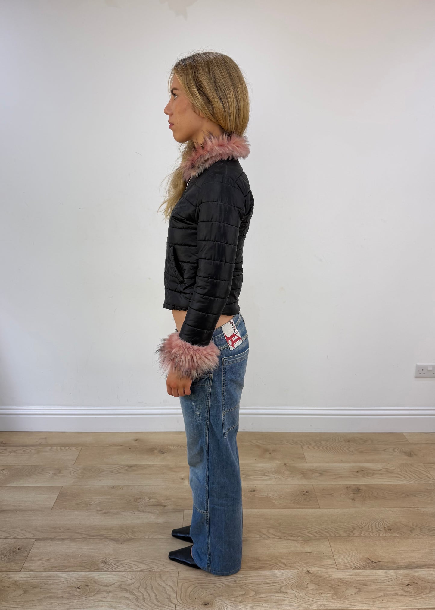 small black puffer jacket with pink fur