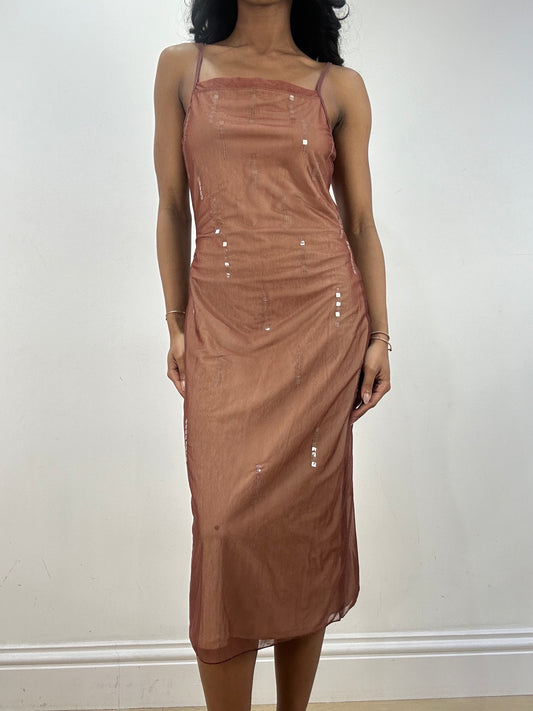 vintage edit fifteen | medium tan and red overlay dress with sequins