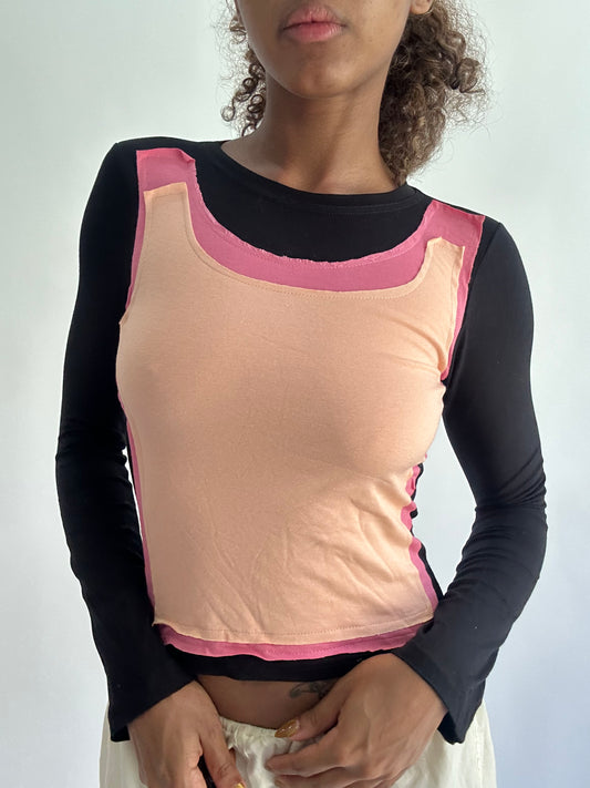 ‼️ | small black long sleeve top with pink vest overlay detail