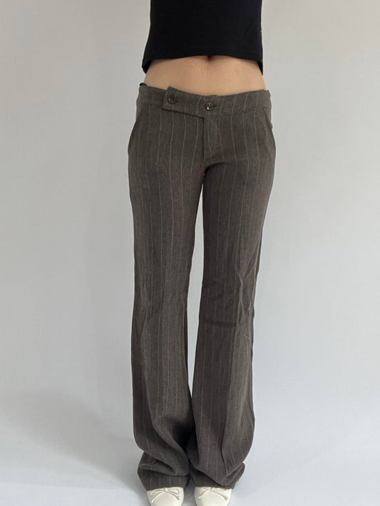 ‼️ | brown pinstripe trousers with crossover button detail