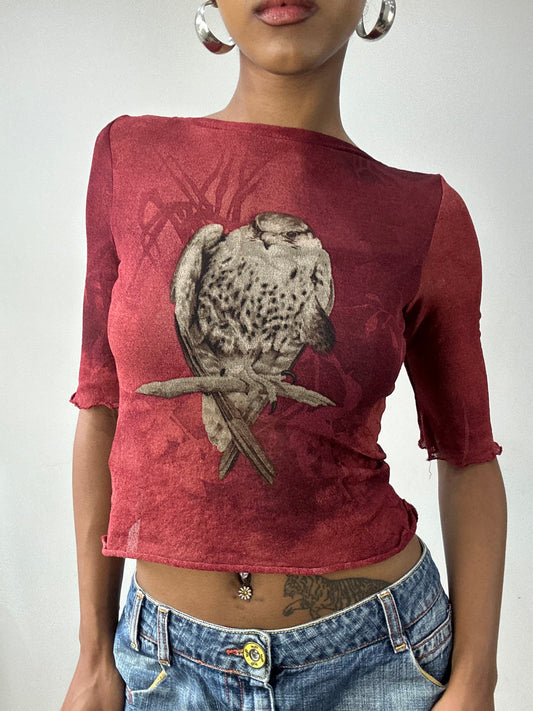 vintage edit thirty-two | small burgundy red mesh overlay top with bird graphic