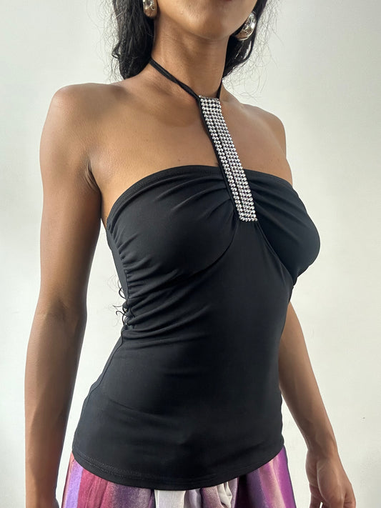 vintage edit: festival | small black bandeau halterneck top with diamanté detailing
