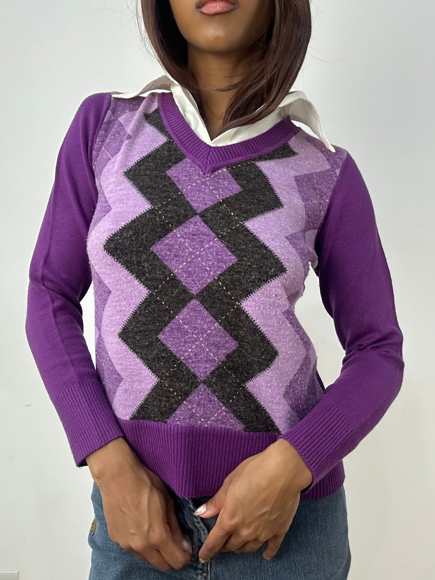 vintage edit thirty-three | small purple argyle jumper with shirt detail