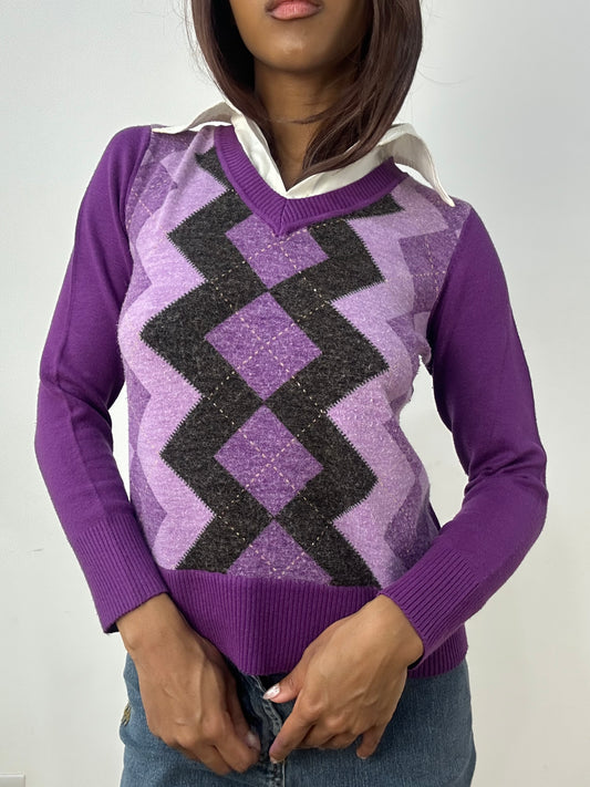 vintage edit thirty-three | small purple argyle jumper with shirt detail