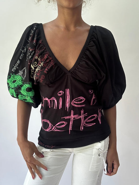 olivia rodrigo drop | small black graphic print balloon sleeve top