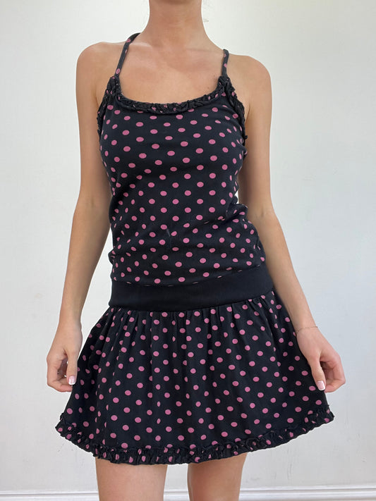 vintage edit twenty | medium navy and pink polka dot dress