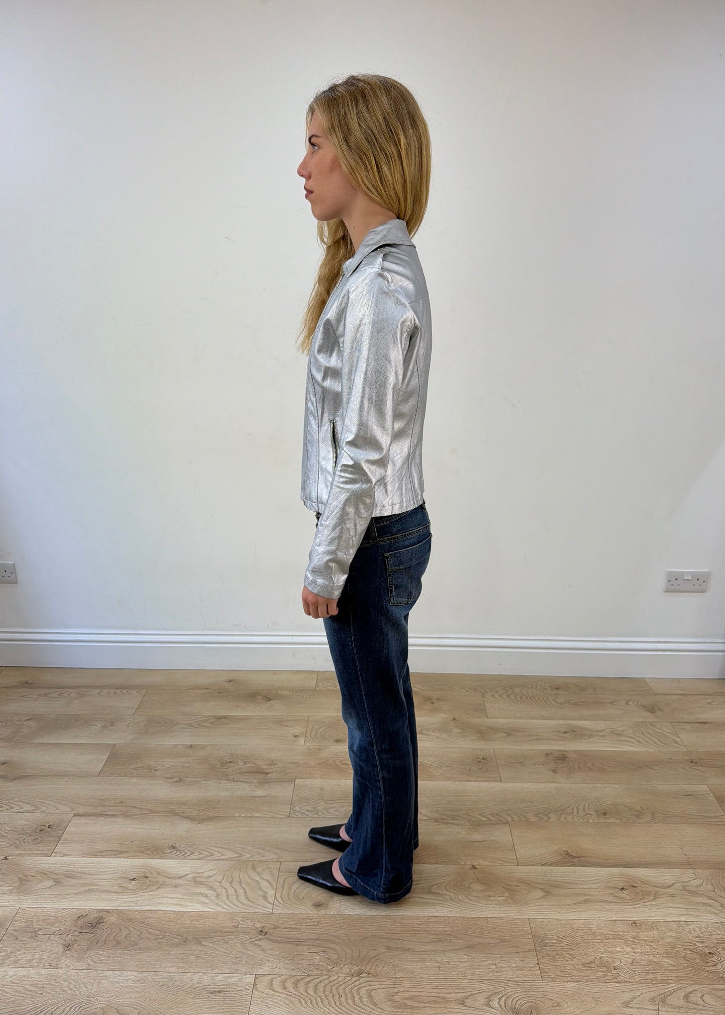 small silver metallic biker jacket
