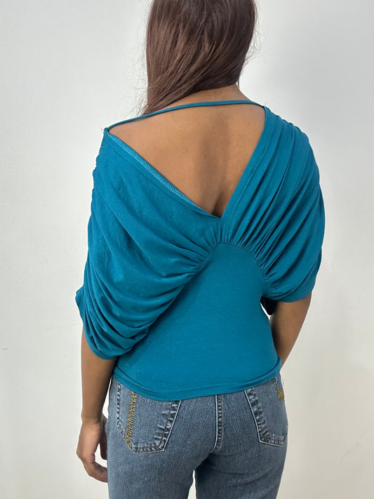 vintage edit thirty-three | small blue batwing fitted top with open back detail