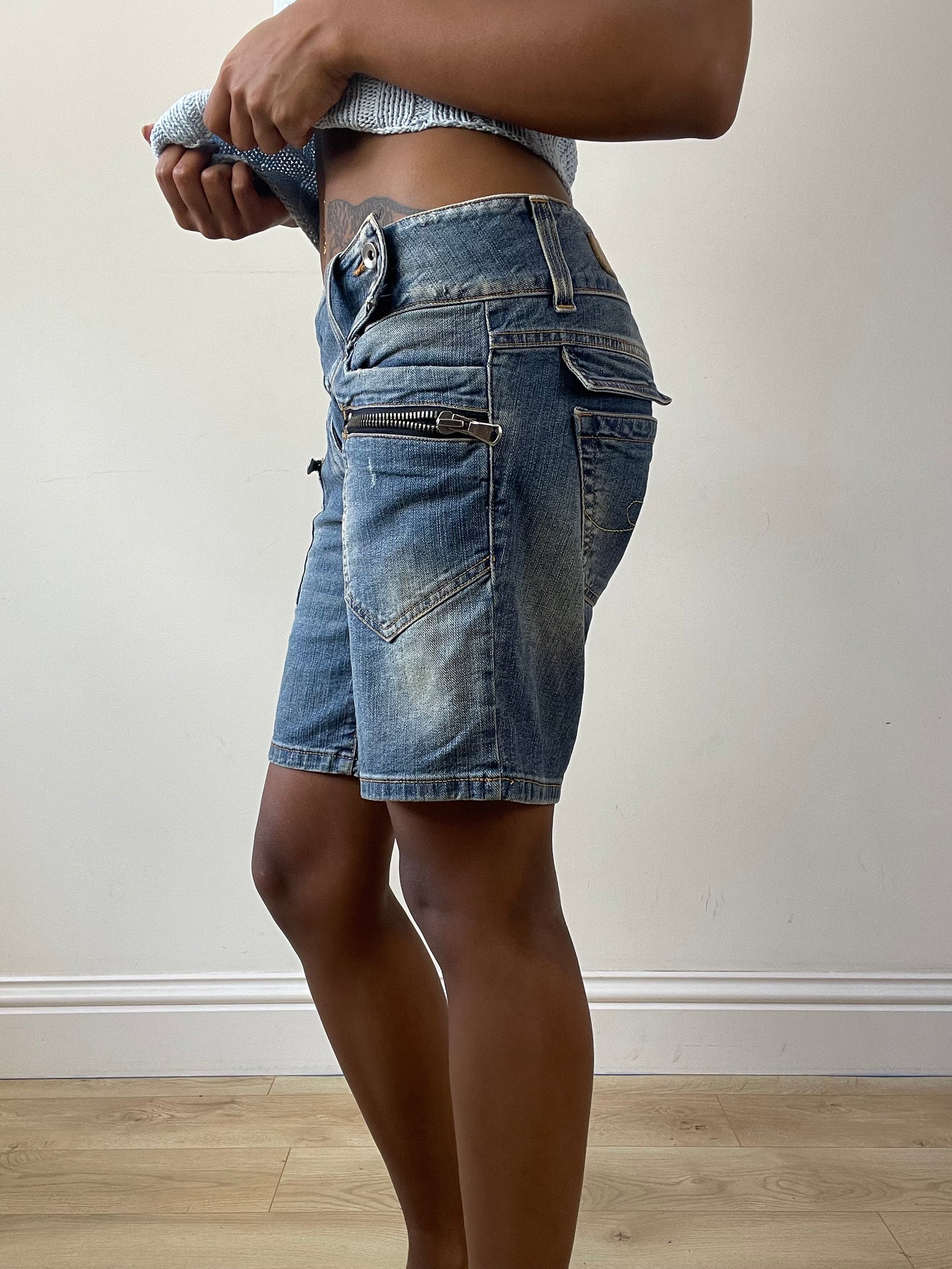 vintage edit twenty-seven | medium blue denim belted shorts with zip details