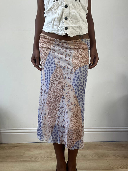 BEST PICKS | small blue and tan midi skirt with floral print