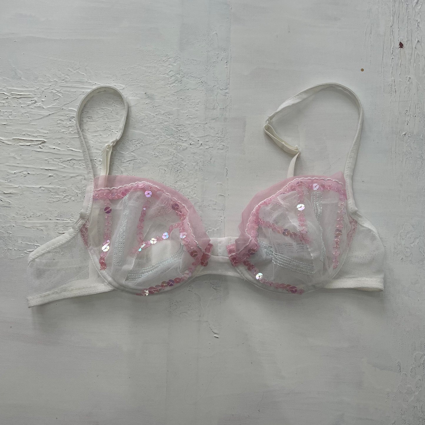 GRUNGE COQUETTE DROP | small white intimissimi bra with pink sequins