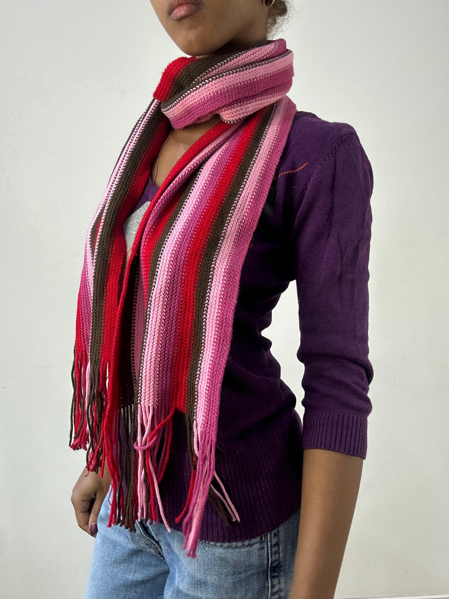 winter edit | pink and black striped knit tassel scarf