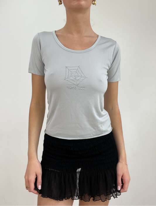 💻‼️ small grey old label topshop top with sparkle cobweb print