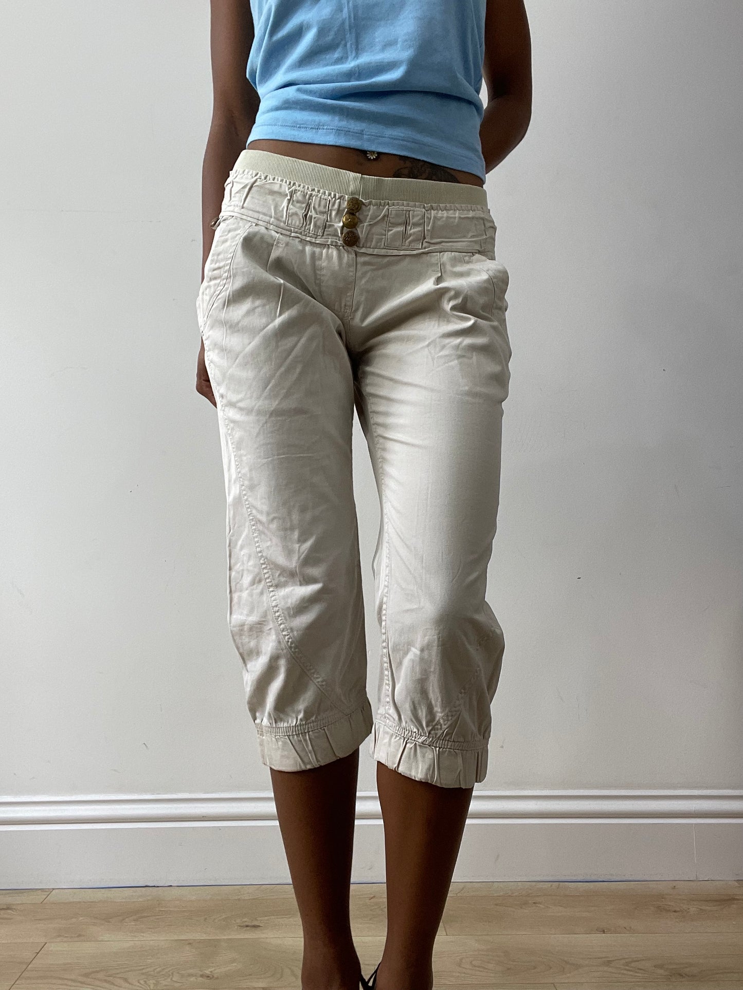 midsummer edit | small white old bershka cropped trousers with gold button detail