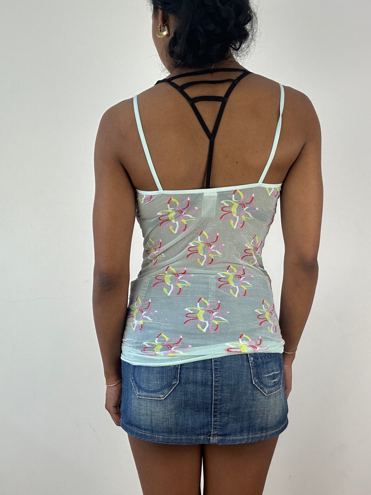vintage edit: tops | small light blue sheer cami top with floral print