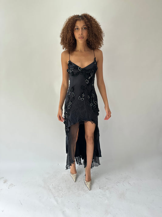 festival drop | small black silk asymmetric maxi dress