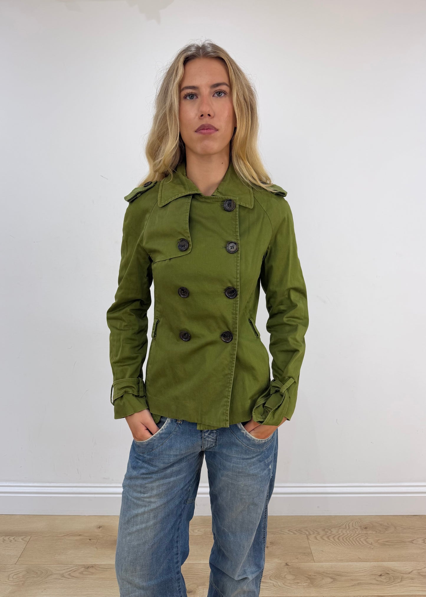 small old label zara green trench coat