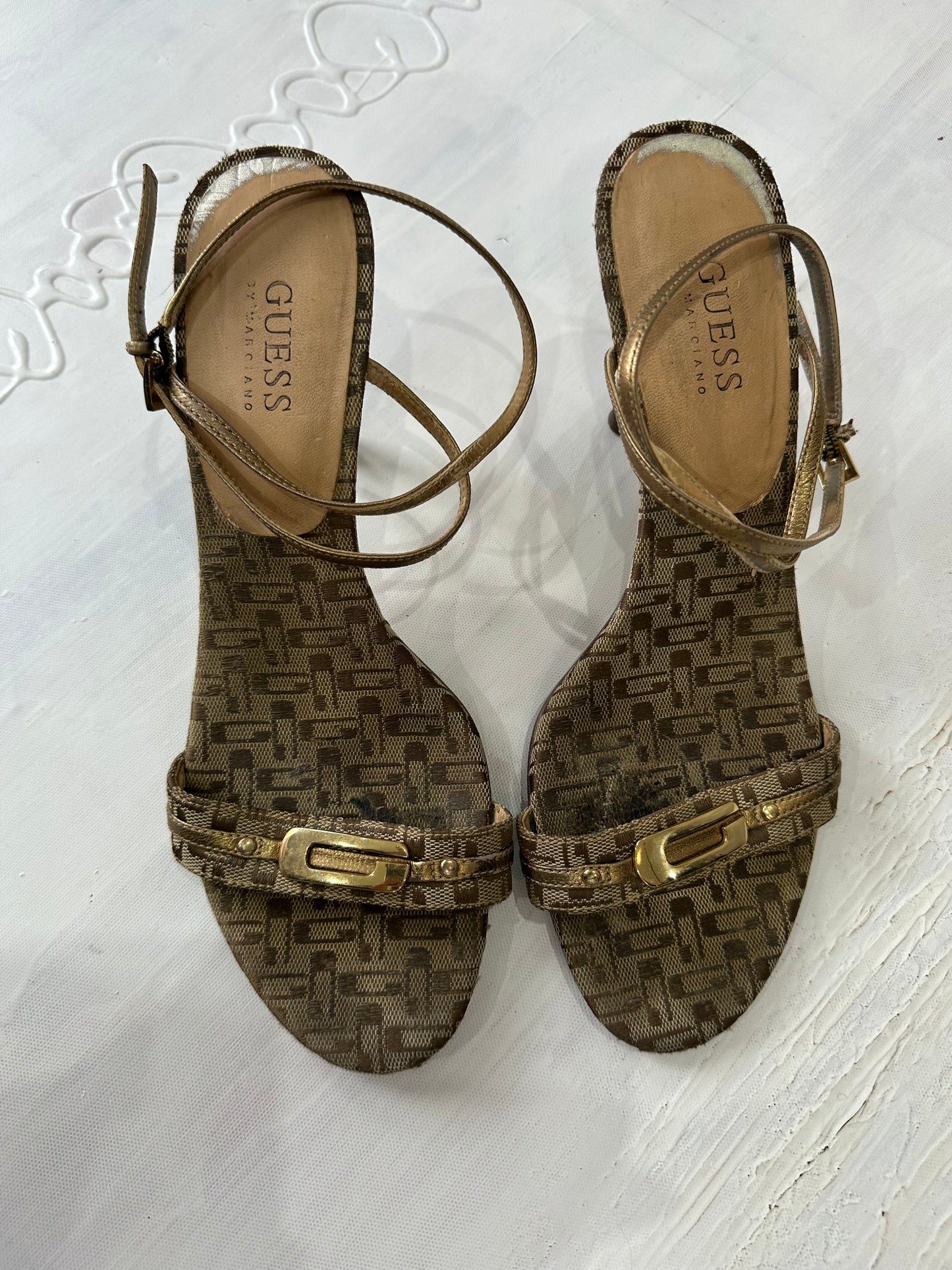 vintage edit thirty-three | UK6.5 brown guess strappy heels with monogram print