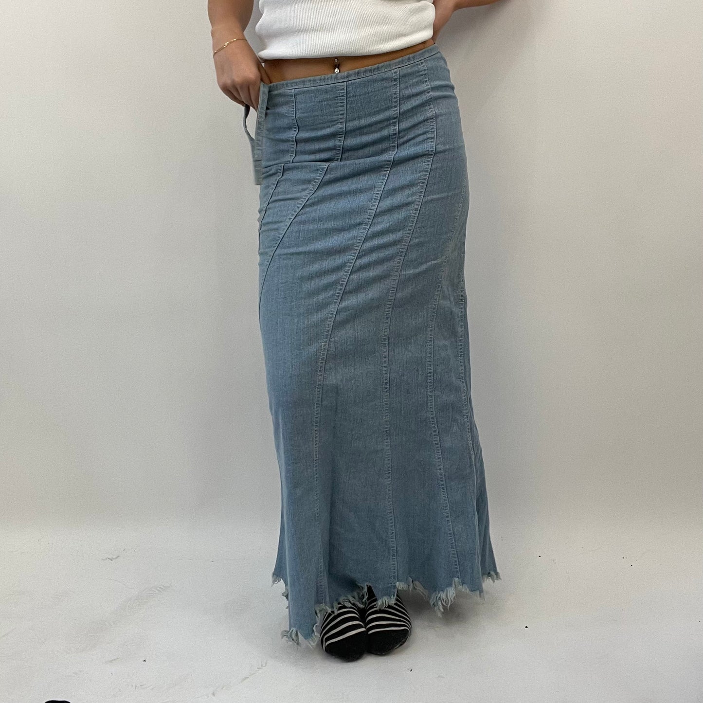 BEST PICKS | small denim panelled maxi skirt with raw hem