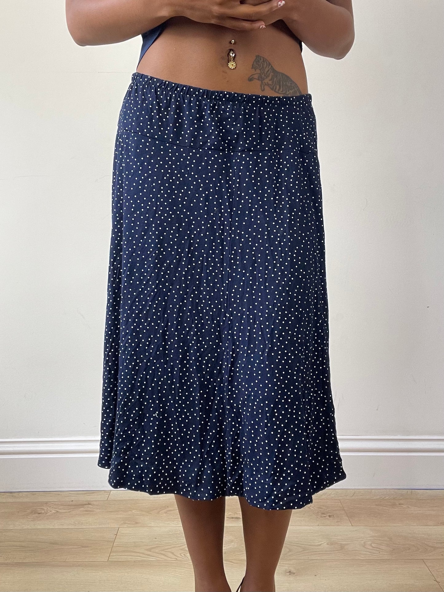 vintage edit twenty-seven | small navy blue polka dot midi skirt with 3d floral detail