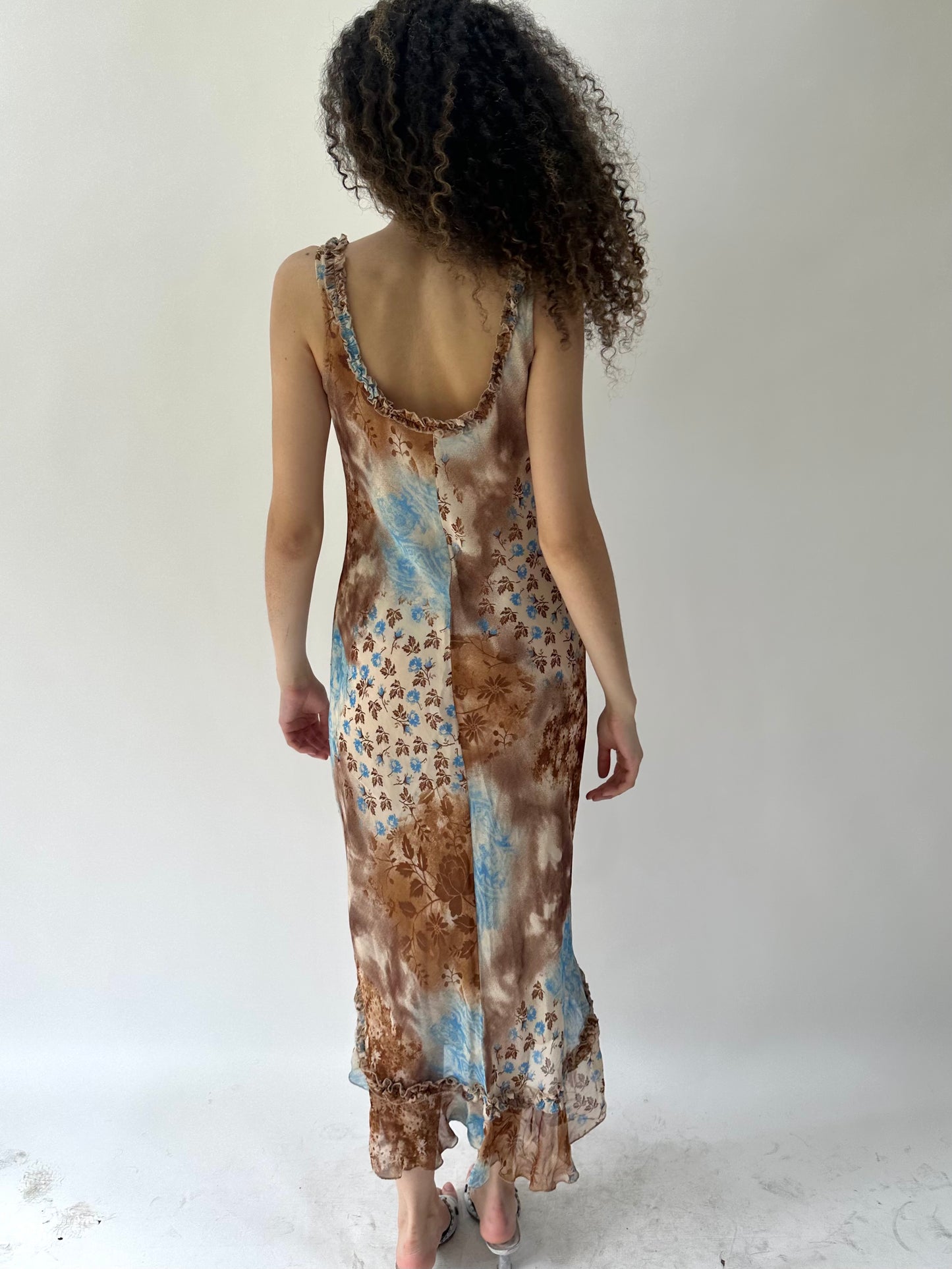 festival drop | medium brown and blue mesh overlay midi dress