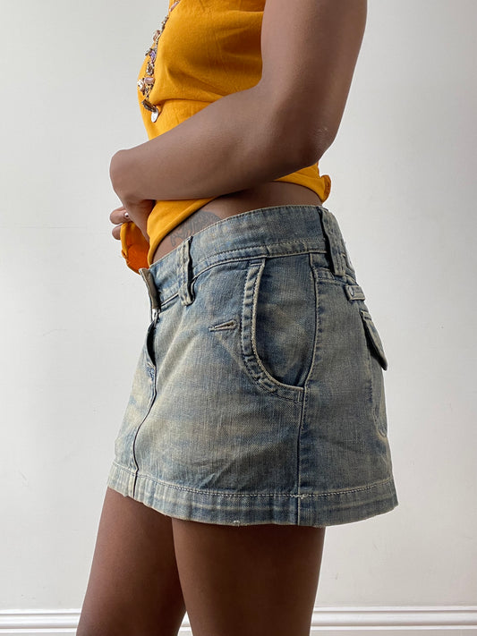 midsummer edit | small light blue denim mini skirt with pocket detail