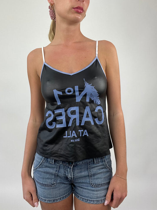 COASTAL COWGIRL DROP | small black cami with purple ‘no1 cares’ at all spell out