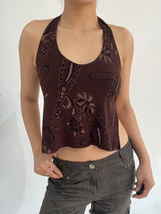 ‼️ | small brown halter neck top with flower detail