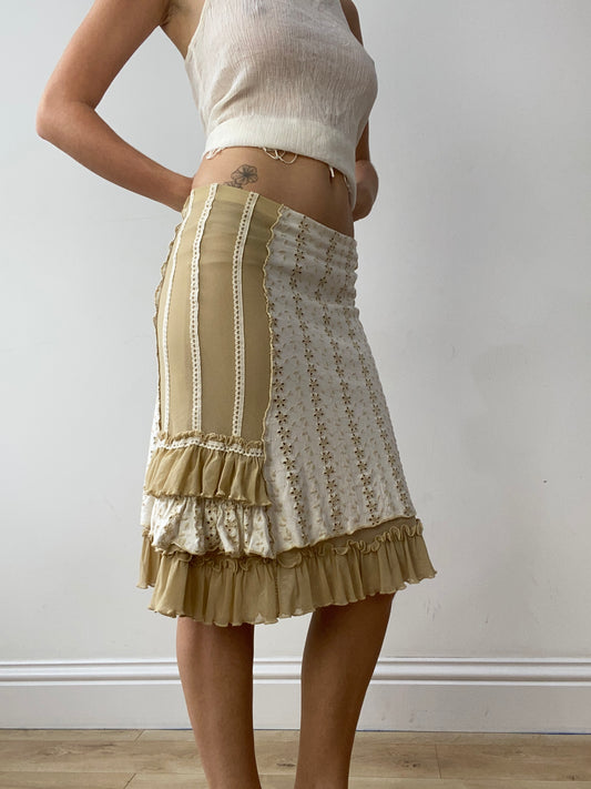 vintage edit thirty | small white and tan midi skirt