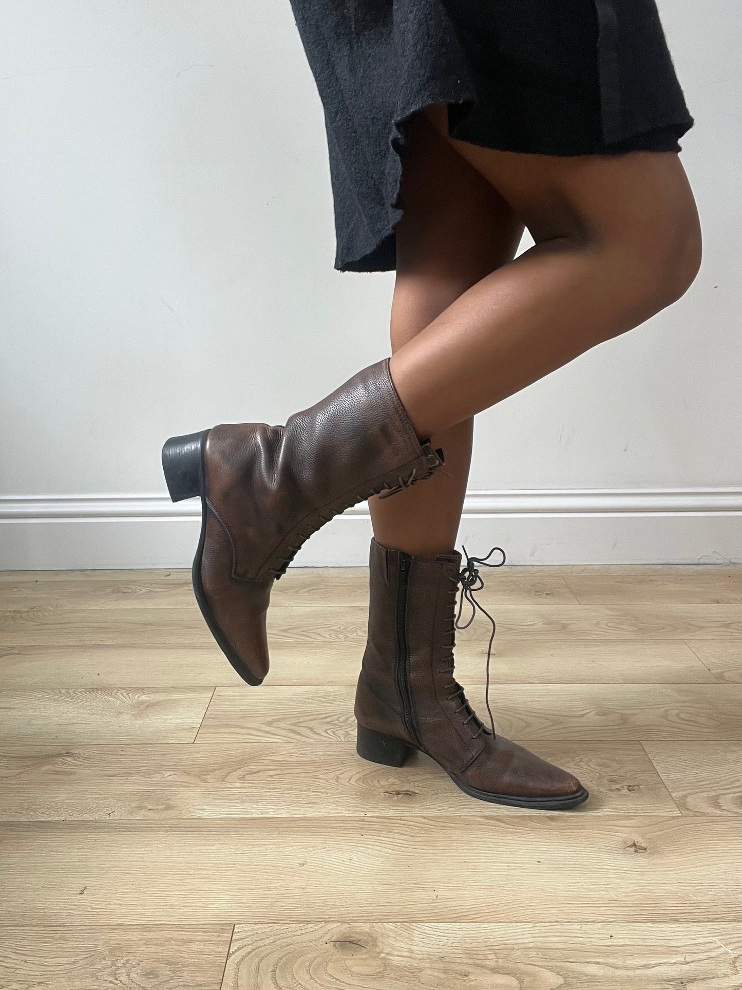 vintage edit thirty-two | brown faux leather heeled lace up boots