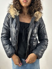 vintage edit thirty-four | extra small black puffer jacket with faux fur hood