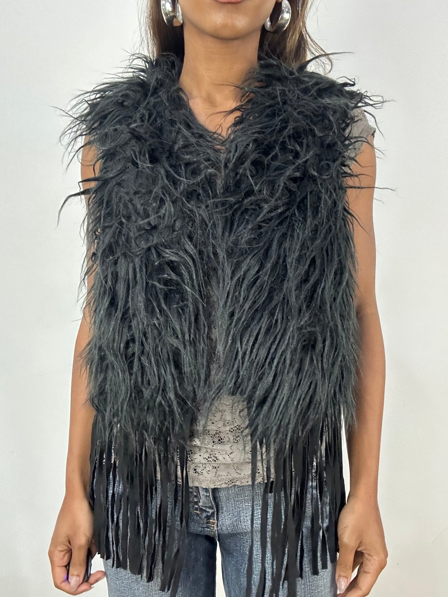 vintage edit: indie sleaze | small black faux fur gilet jacket
