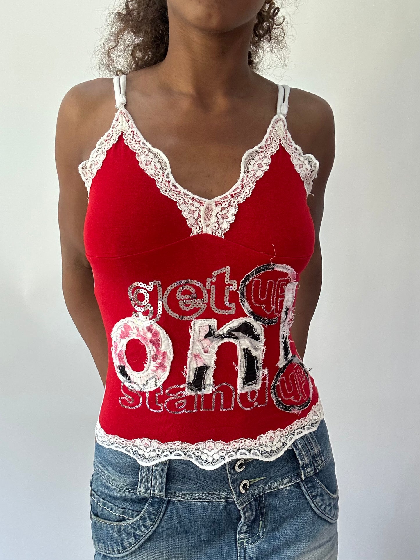 wag drop | small red lace trim cami top
