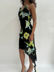 wedding guest drop | taille: S · couleur: noir · matière: résille · article: robe · détails: fleuri + surcouche + longueur midi