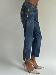 euro trash | medium blue denim cropped jeans with gold zebra detail pockets