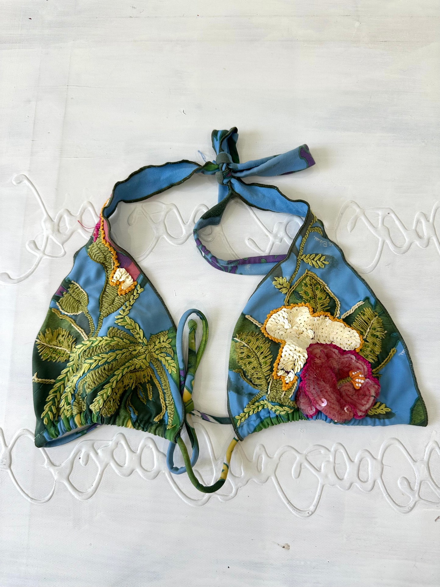 festival drop | medium/large blue floral sequin bikini top