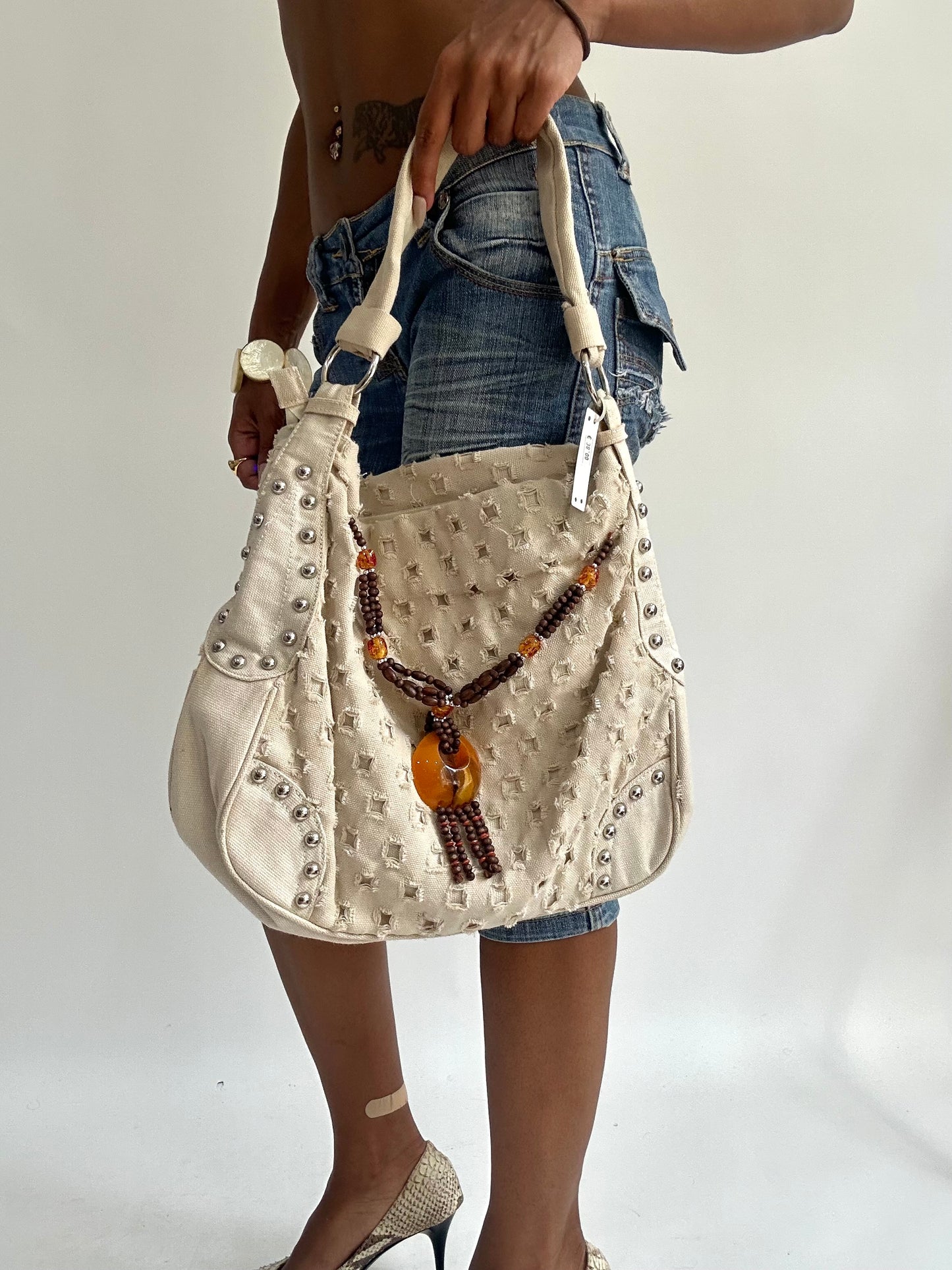 summermaxxing drop | cream studded shoulder bag with beaded detail
