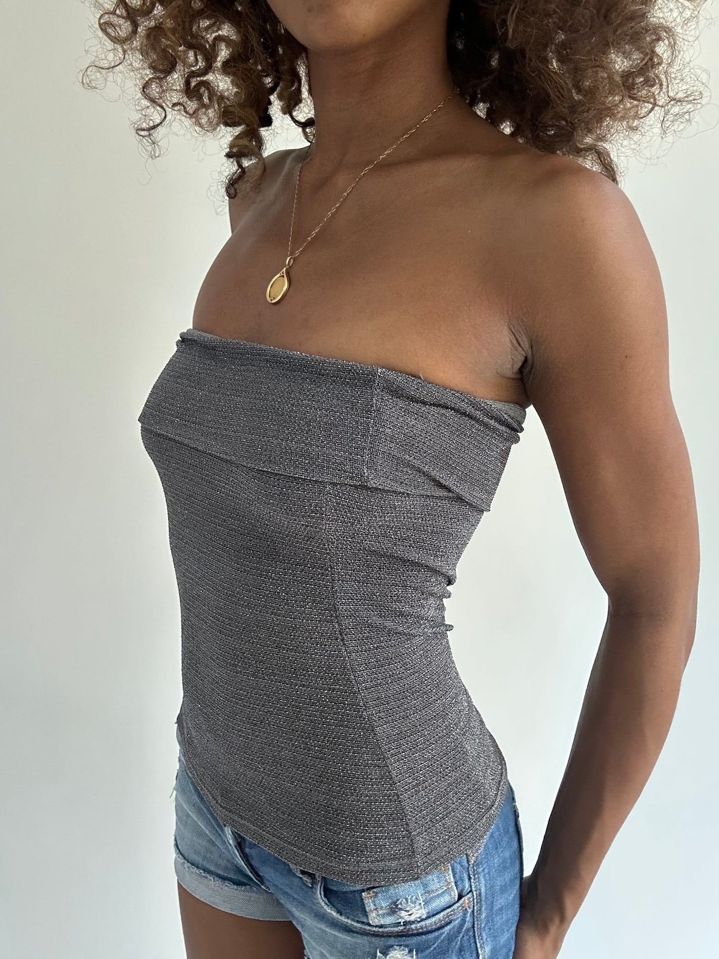 euro trash | small grey sparkle strapless top