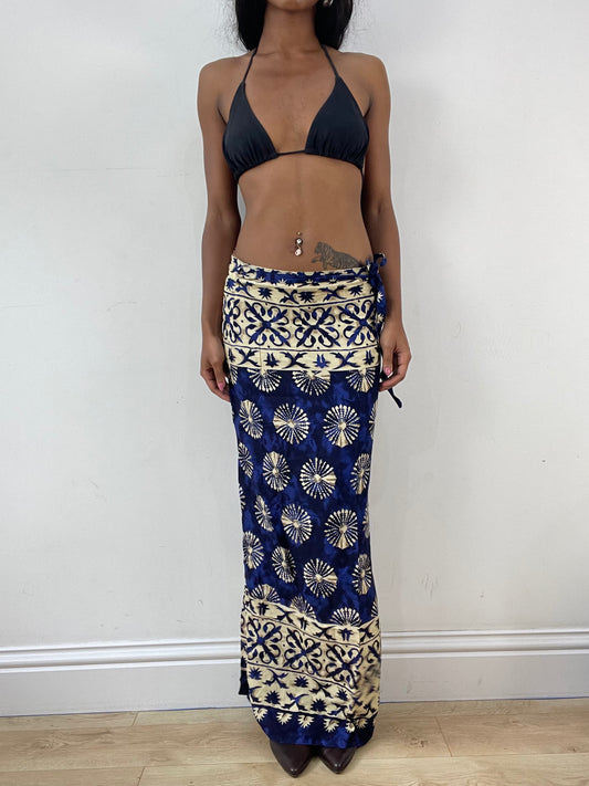 vintage edit: festival | small cream and blue wrap beach skirt with floral pattern