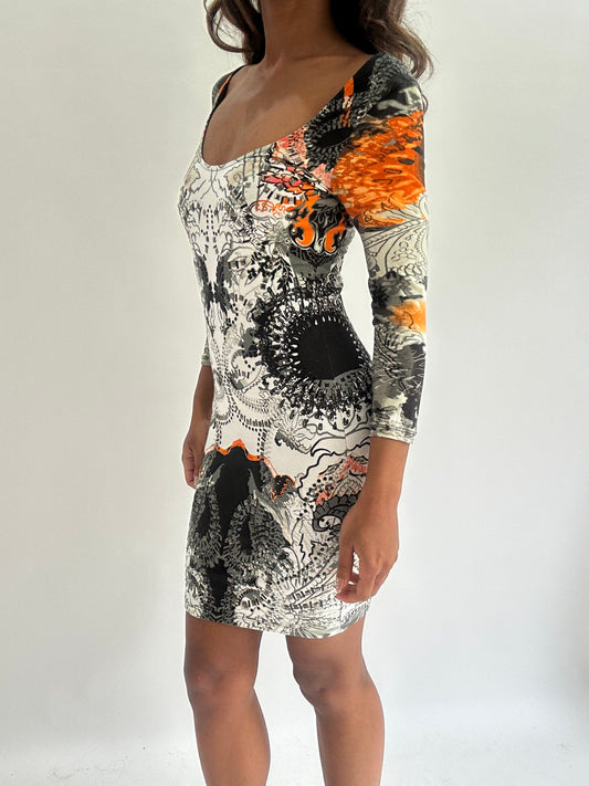 wedding guest drop | extra small white old river island patterned mini dress