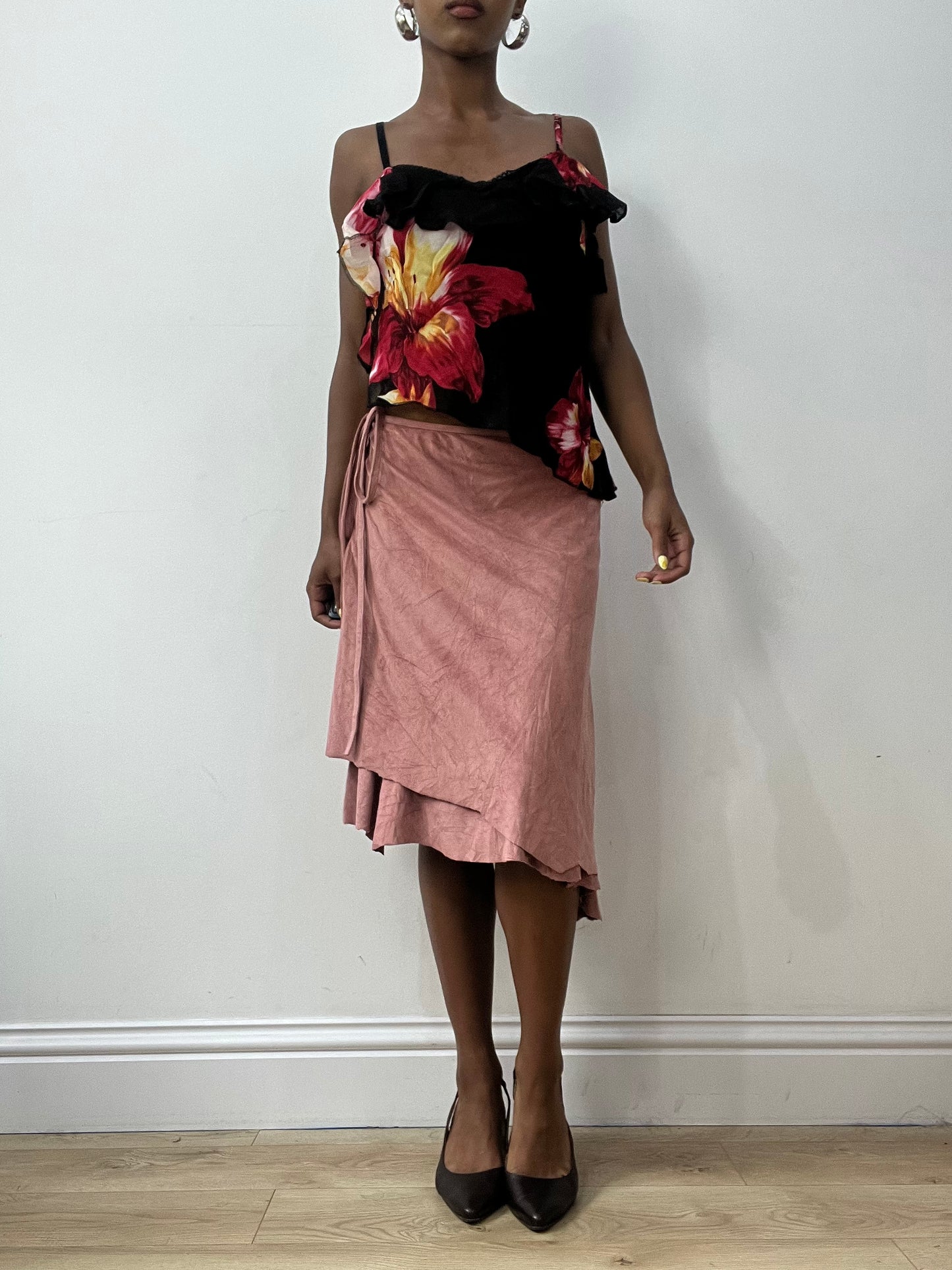 vintage edit thirty-two | medium pink suede style asymmetric midi skirt