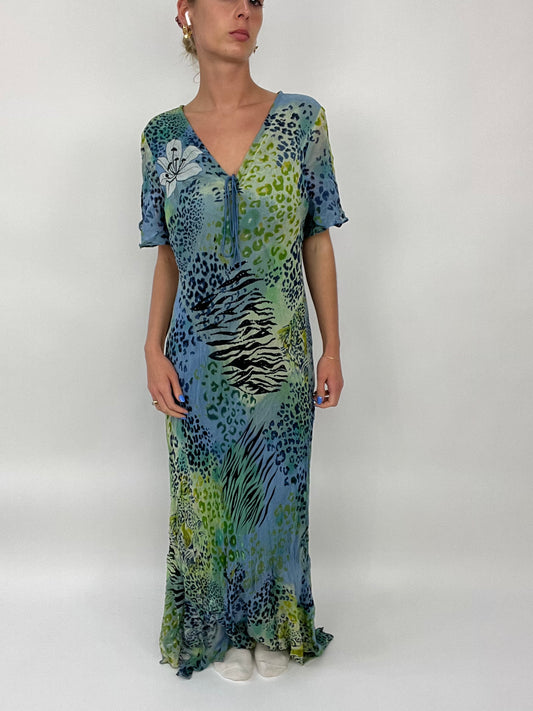 COCONUT GIRL DROP | large blue and green maxi dress with leopard print