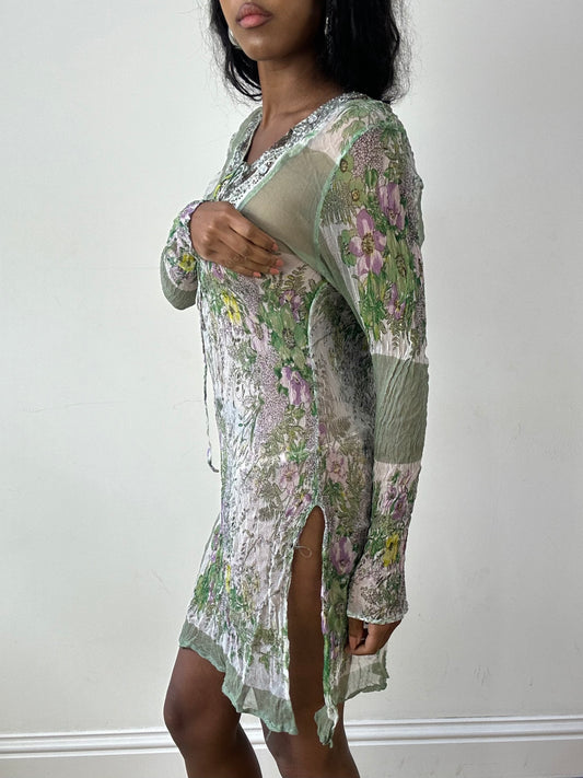 vintage edit twenty-five | small green mesh coverup dress with floral pattern and beading
